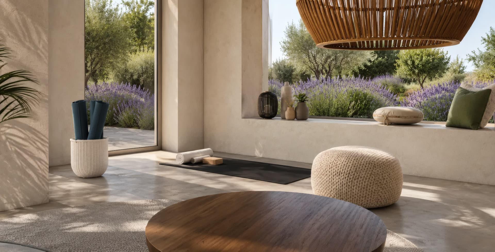 Yoga room with deep window seat, rattan pendant light, round wooden table and lavender view