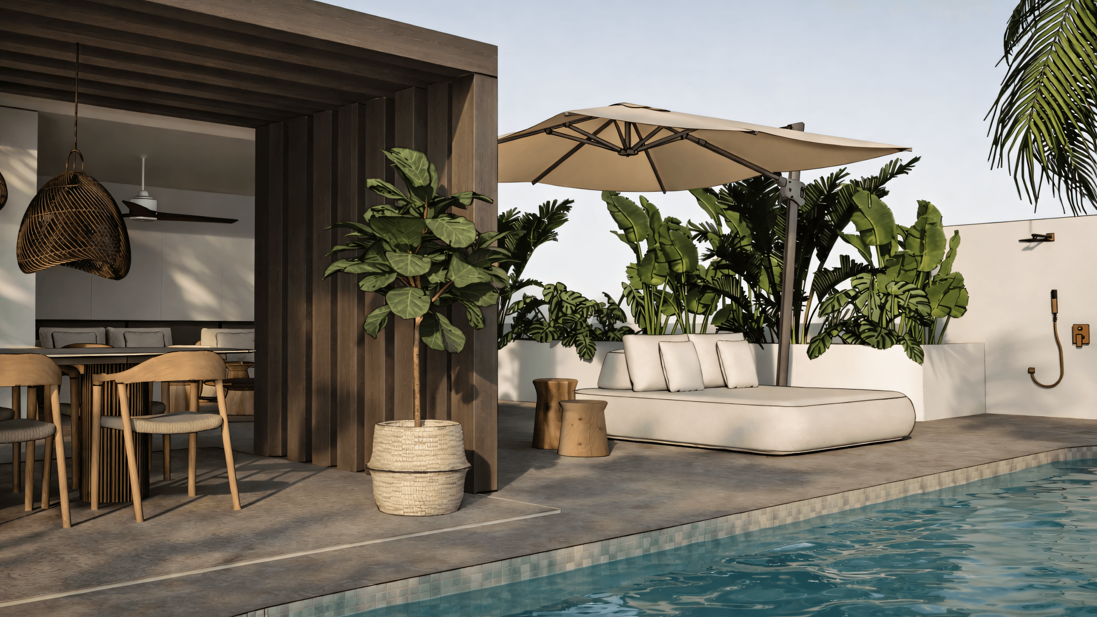 Poolside lounger under parasol and outdoor dining under a slat pergola, Pinar de Campoverde