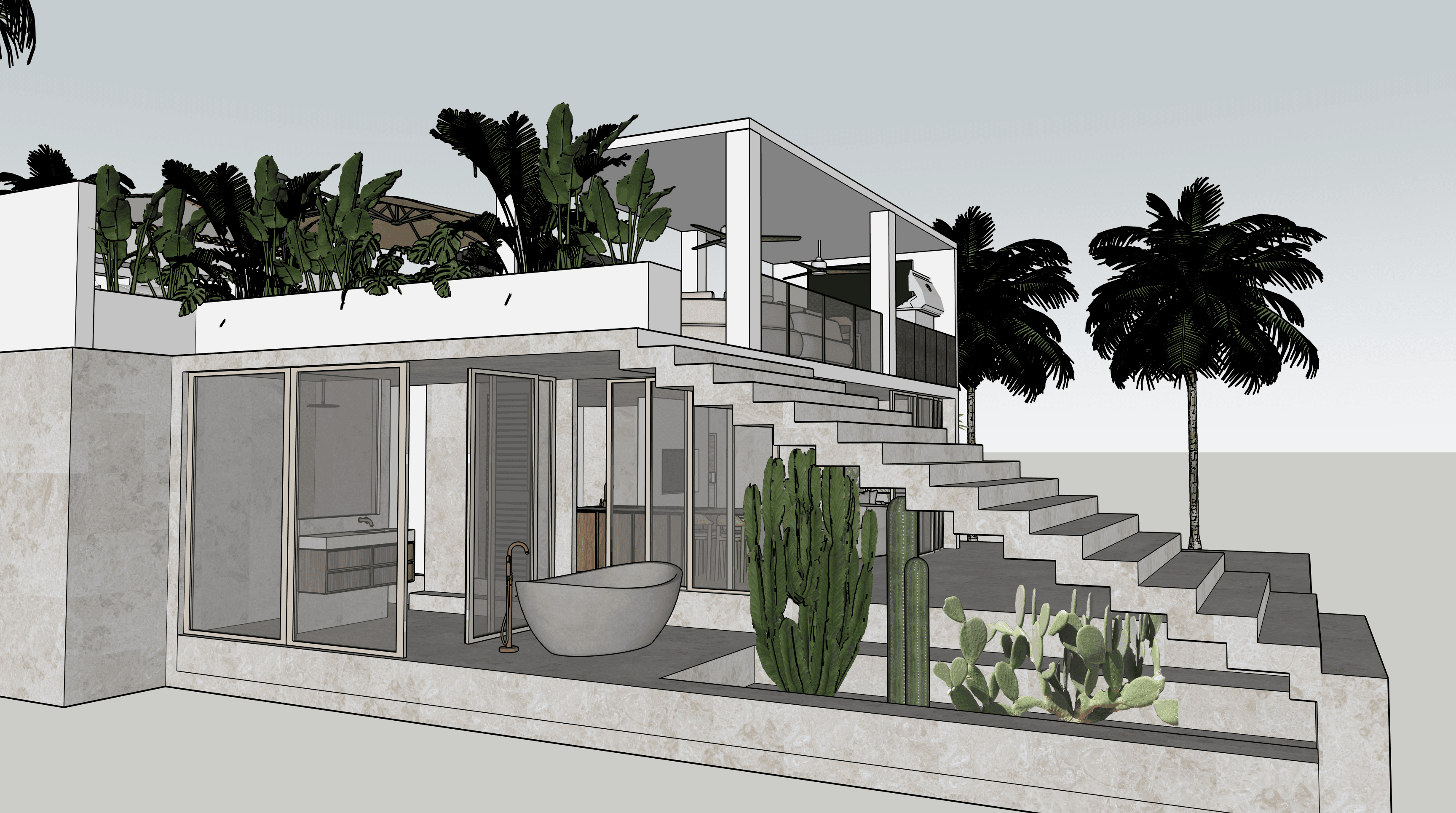Extension with exterior staircase, guest apartment, freestanding bathtub and Mediterranean planting