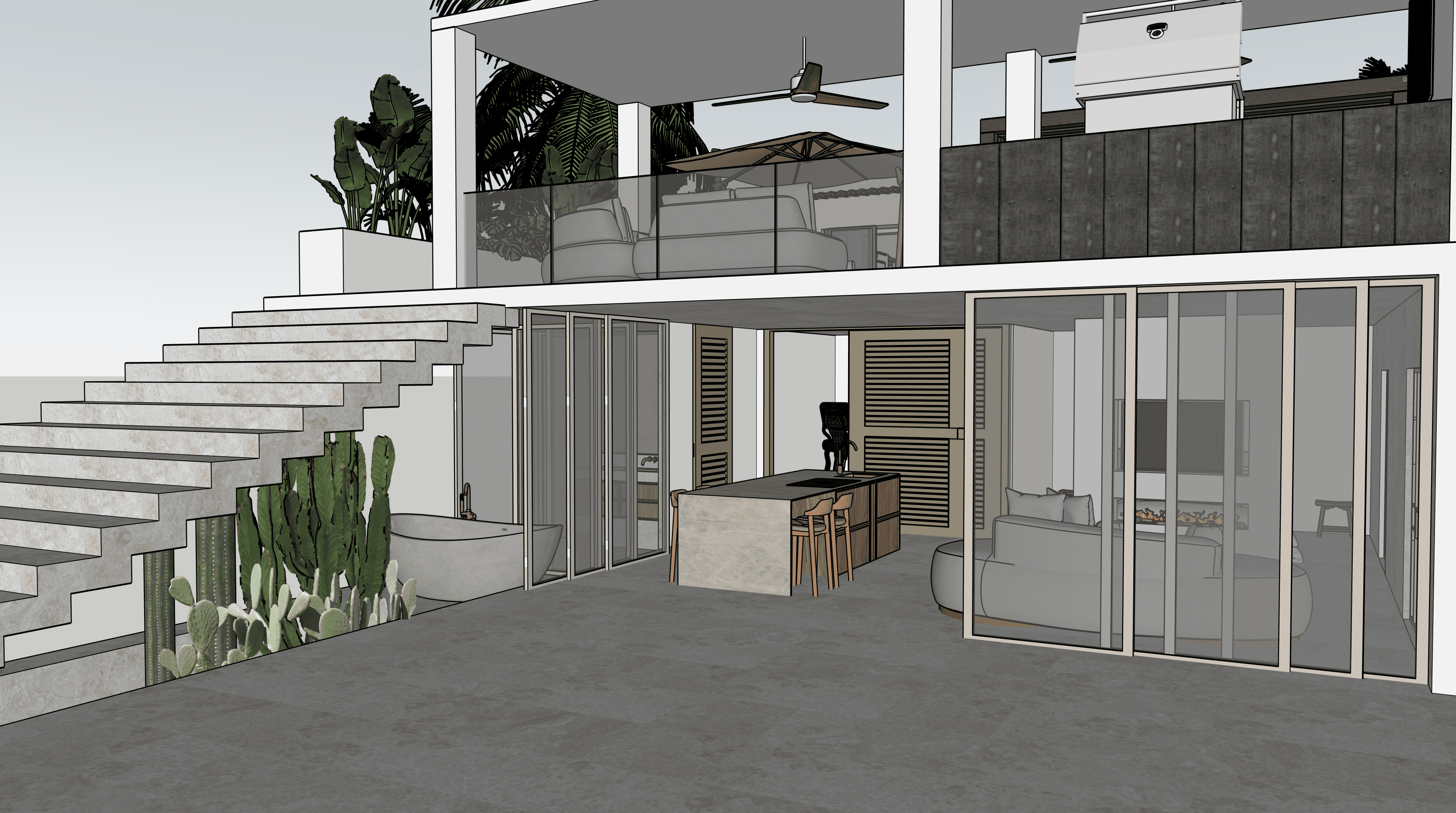 Outdoor kitchen above the guest apartment with exterior staircase, lounge and view into the sleeping area