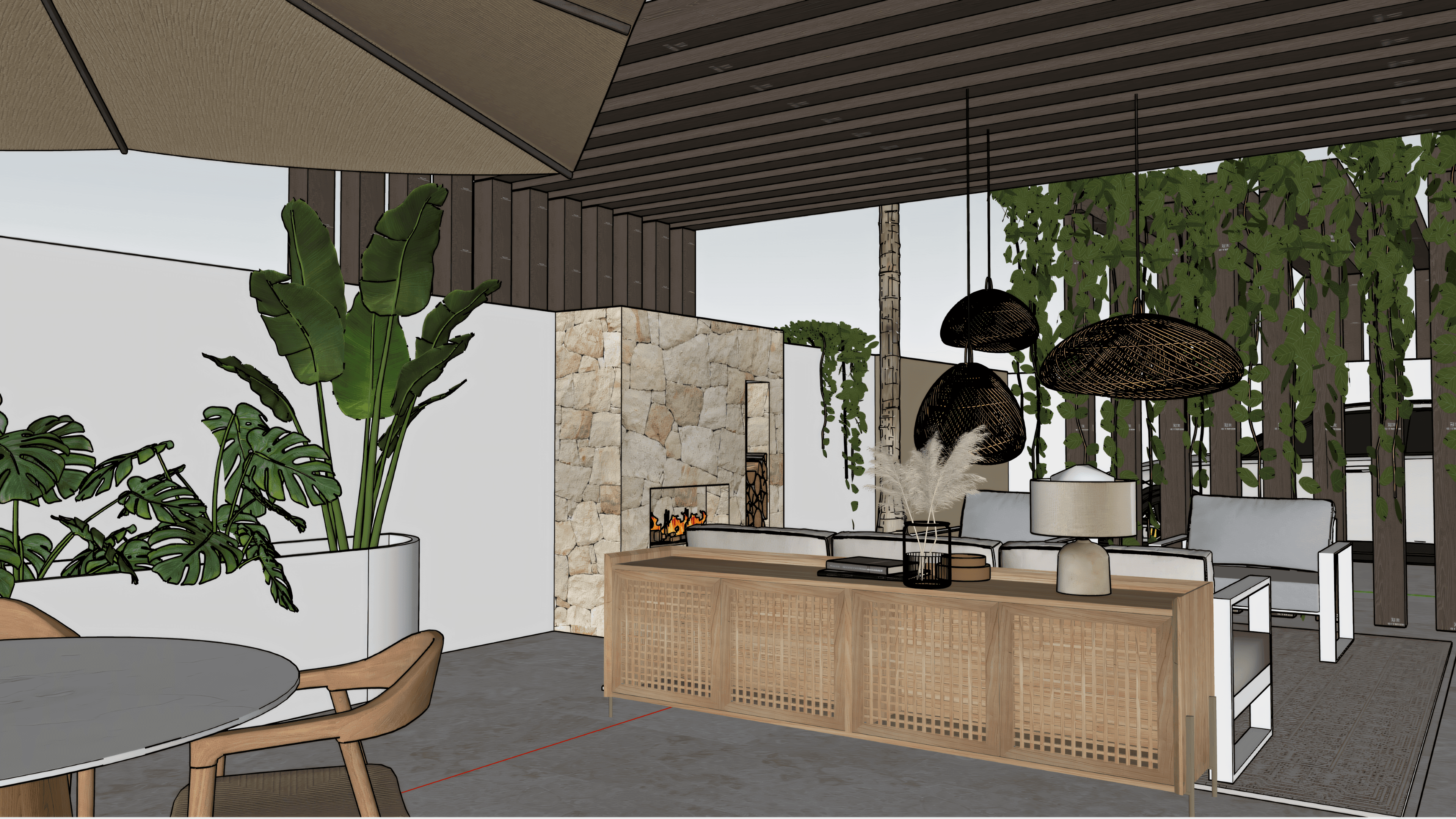 Lounge area with tropical plants and natural stone bioethanol fireplace