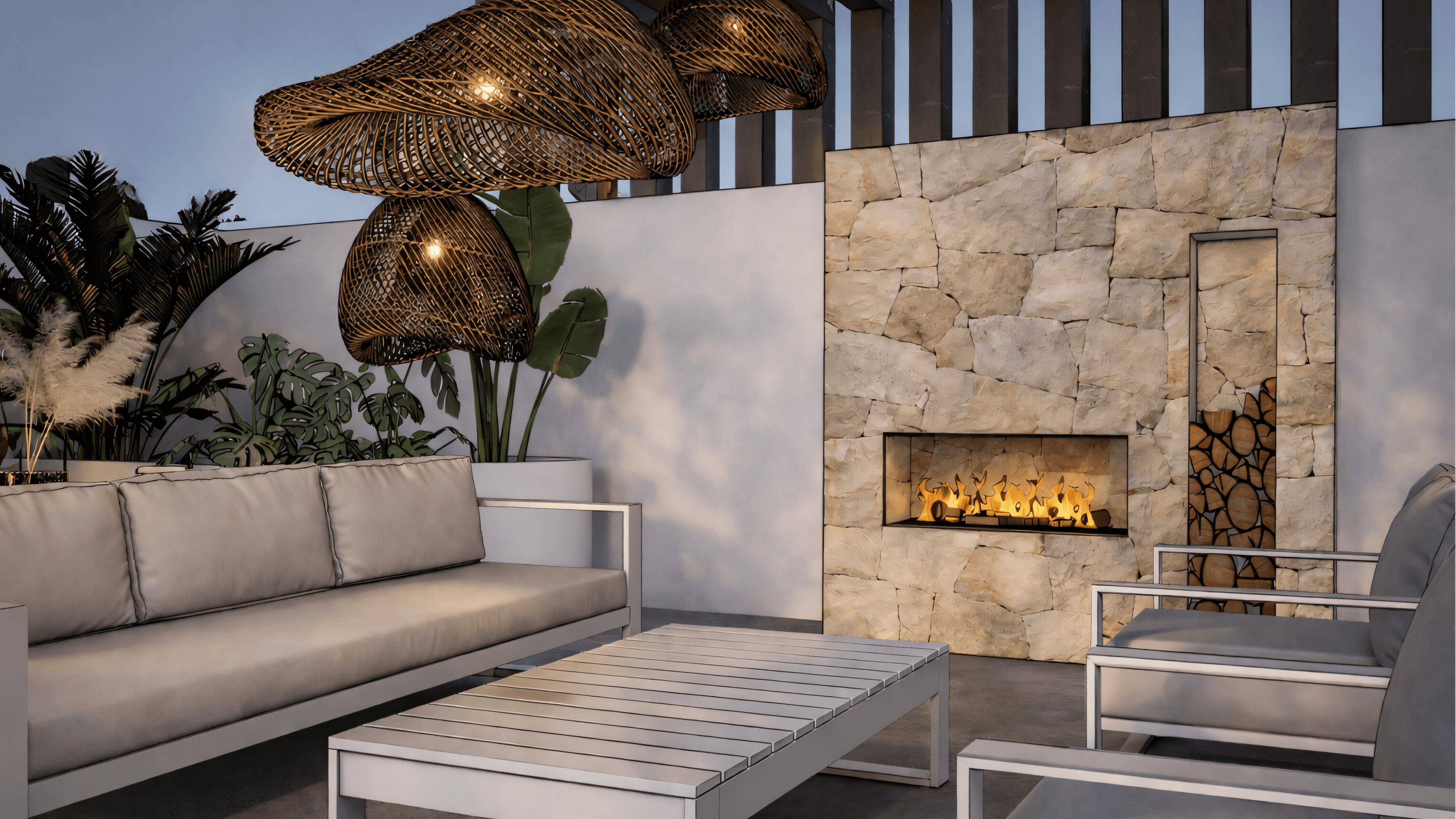 Evening atmosphere at the natural stone fireplace