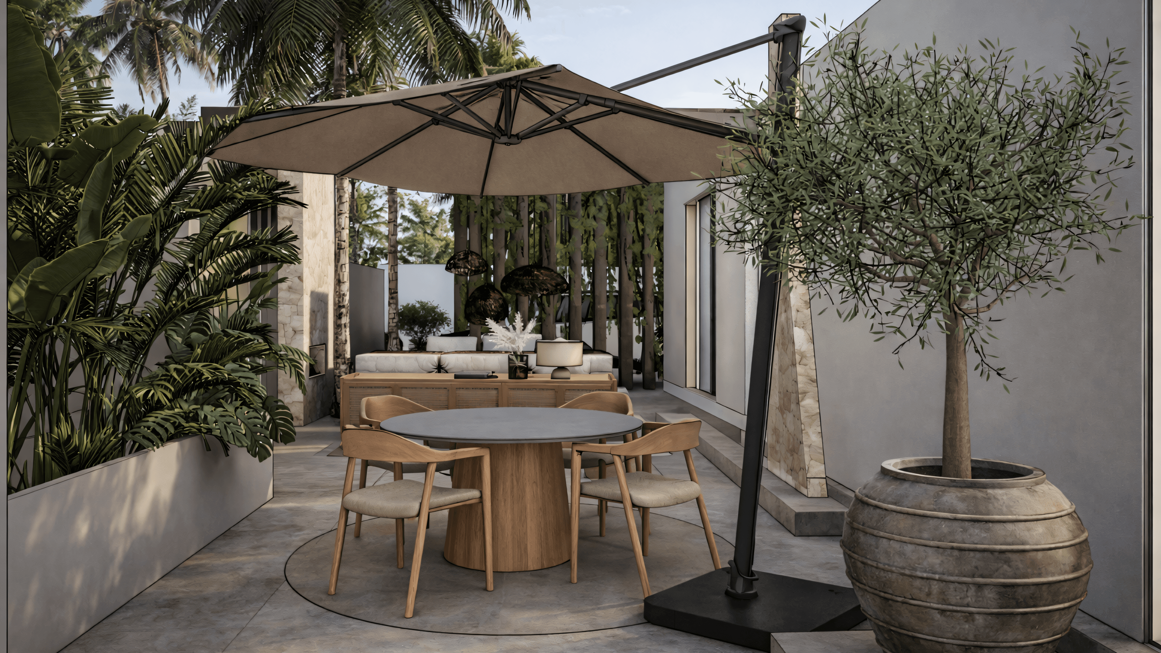 Outdoor dining area under parasol with round table, olive tree and tropical planting, Pinar de Campoverde