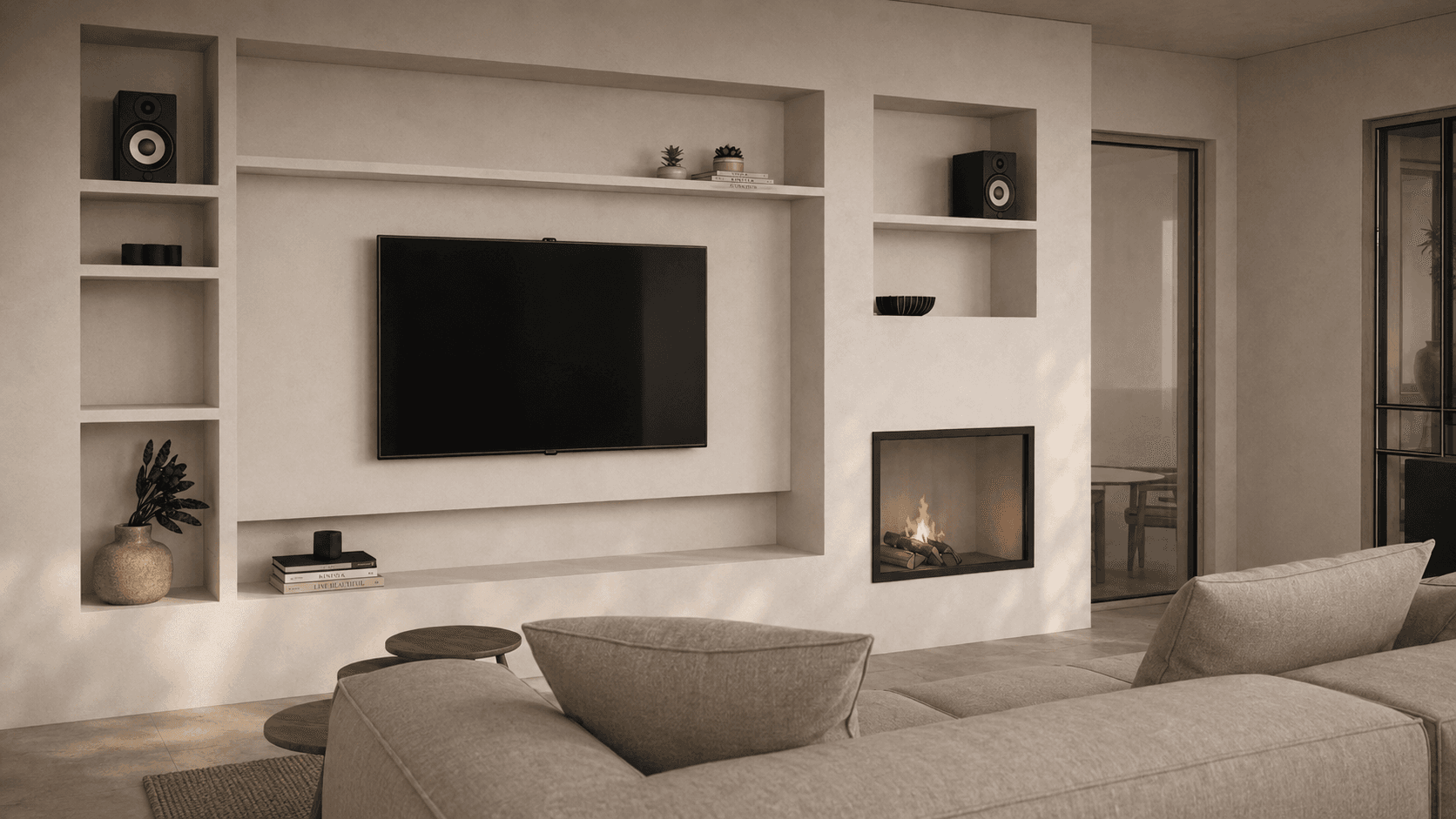 Plasterboard TV wall with integrated fireplace and niche shelves, Pinar de Campoverde