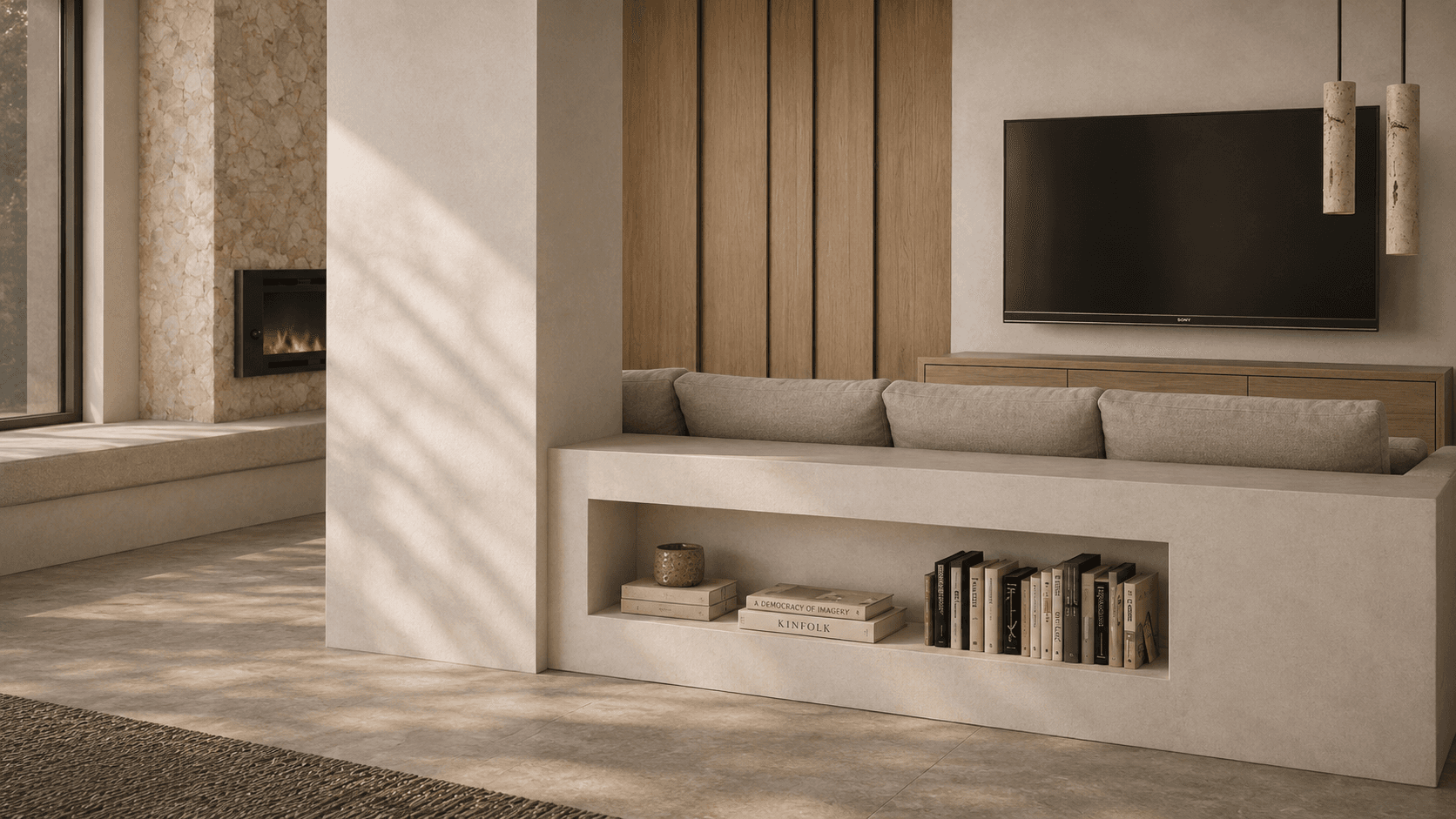 Rendering: living room with built-in microcement sofa, wood panel wall and natural stone fireplace
