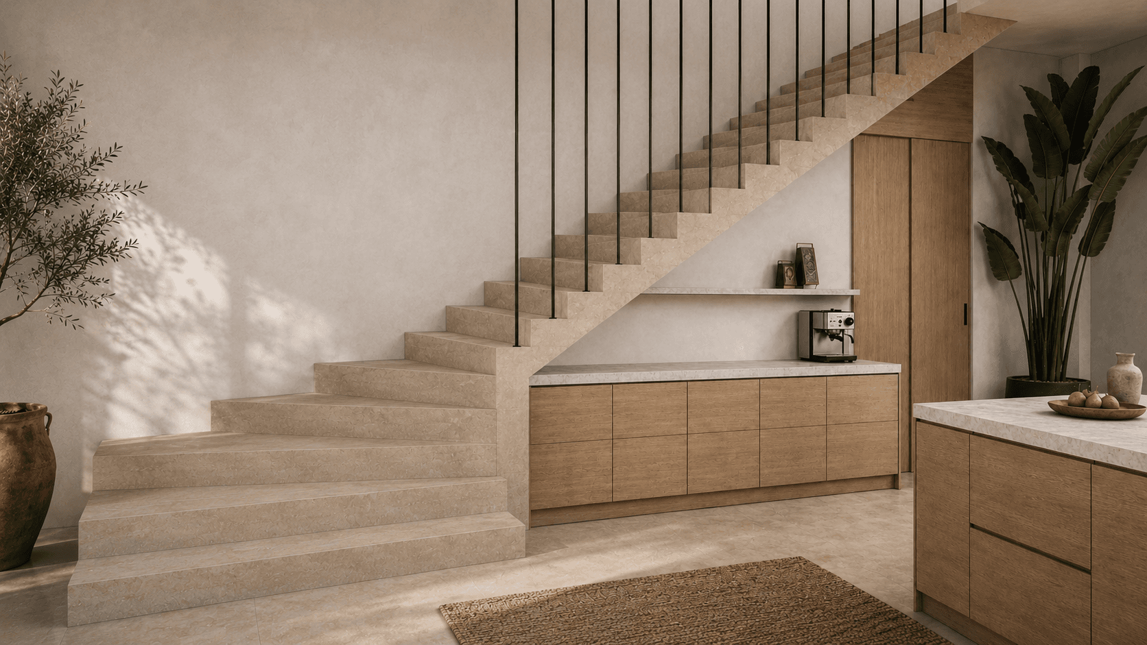Rendering: café bar under travertine staircase with oak cabinets and espresso machine, Villa Rosa