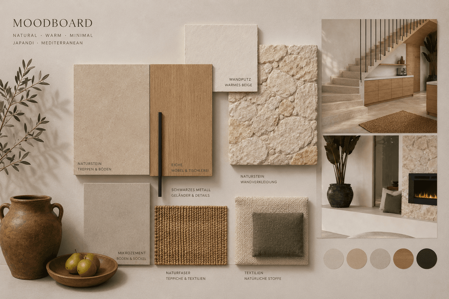Moodboard for Villa Rosa with natural stone, travertine, oak, black metal and natural textiles